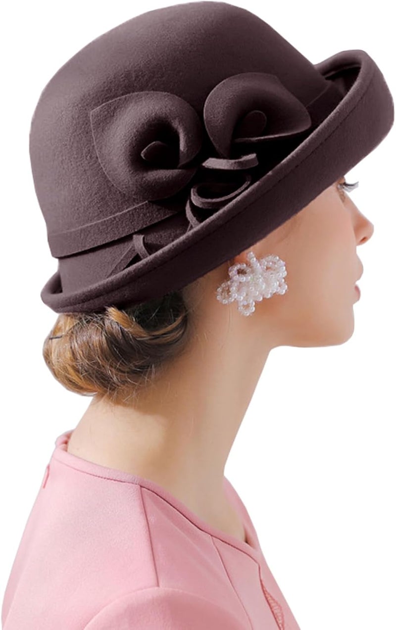 ORIDOOR Women Vintage Wool Felt Flowers Bucket Cloche Bowler Hat Church Wedding Dress Fascinator Hat Winter Felt Fedoras - Image 1